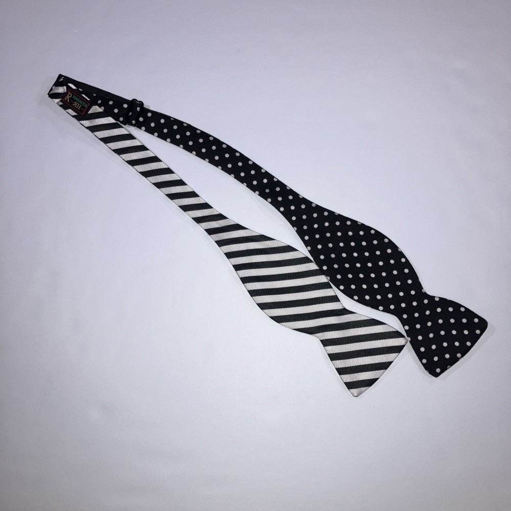 R Hanauer Silk Bow Tie Black White Polka Dot & Stripe Self Tie Adjustable - Picture 2 of 7